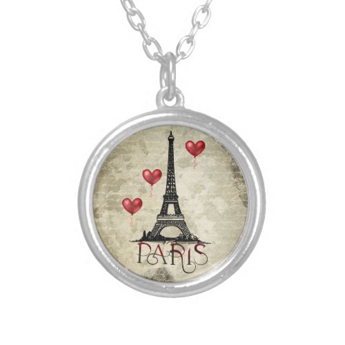 Paris Eiffel Tower and Red Heart Balloons Script Silver Plated Necklace