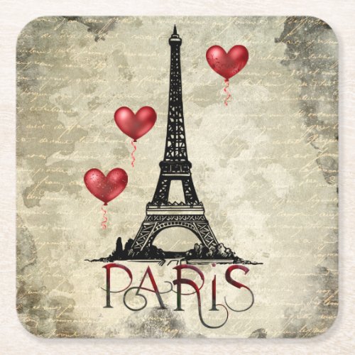 Paris Eiffel Tower and Red Heart Balloons Script Square Paper Coaster