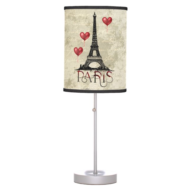 Paris, Eiffel Tower and Red Heart Balloons Script Table Lamp (Front)