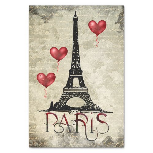 Paris Eiffel Tower and Red Heart Balloons Script Tissue Paper