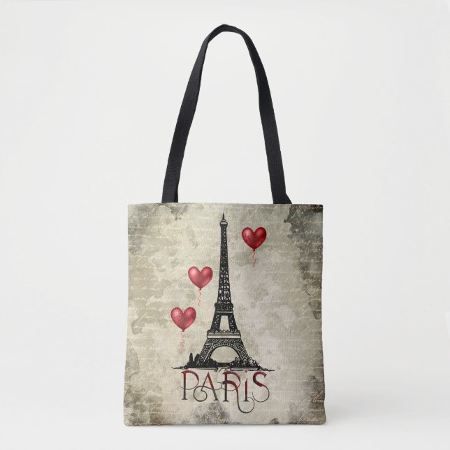 Paris, Eiffel Tower and Red Heart Balloons Script Tote Bag (Front)
