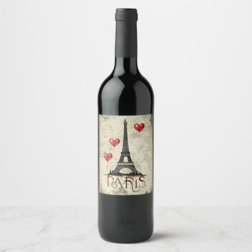 Paris Eiffel Tower and Red Heart Balloons Script Wine Label