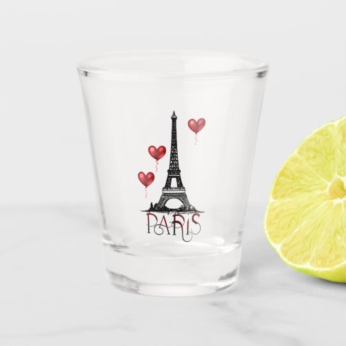 Paris Eiffel Tower and Red Heart Balloons Shot Glass