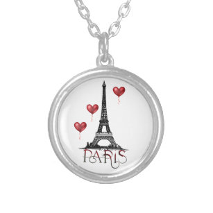Paris, Eiffel Tower and Red Heart Balloons Silver Plated Necklace