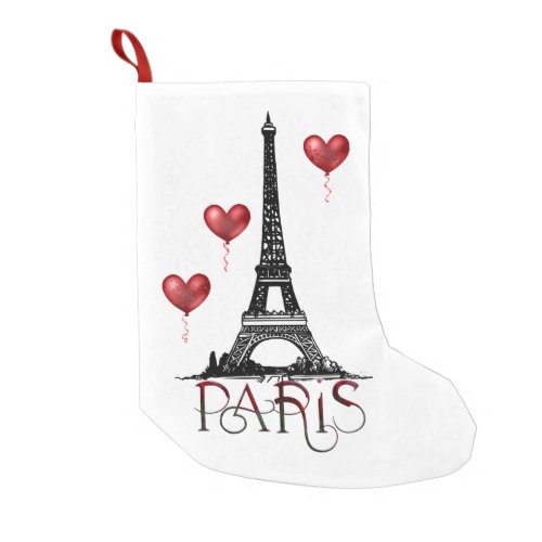 Paris Eiffel Tower and Red Heart Balloons Small Christmas Stocking