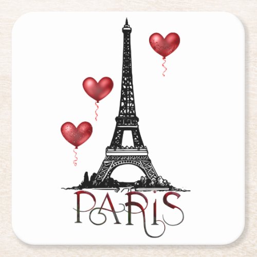 Paris Eiffel Tower and Red Heart Balloons Square Paper Coaster