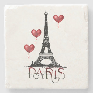 Paris, Eiffel Tower and Red Heart Balloons Stone Coaster