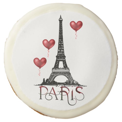 Paris Eiffel Tower and Red Heart Balloons Sugar Cookie