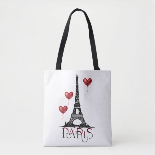 Paris Eiffel Tower and Red Heart Balloons Tote Bag