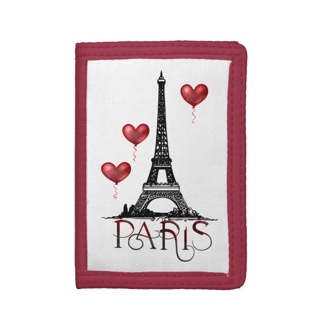 Paris, Eiffel Tower and Red Heart Balloons Trifold Wallet (Front Vertical)