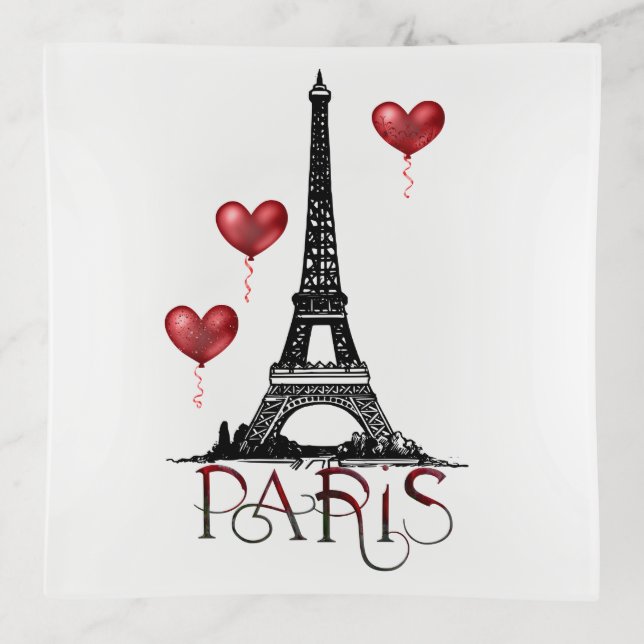 Paris, Eiffel Tower and Red Heart Balloons Trinket Tray (Front)