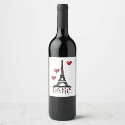 Paris Eiffel Tower and Red Heart Balloons Wine Label