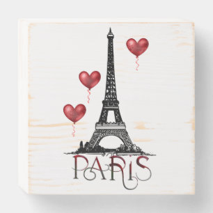 Paris, Eiffel Tower and Red Heart Balloons Wooden Box Sign