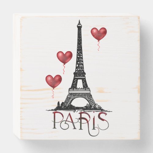 Paris Eiffel Tower and Red Heart Balloons Wooden Box Sign