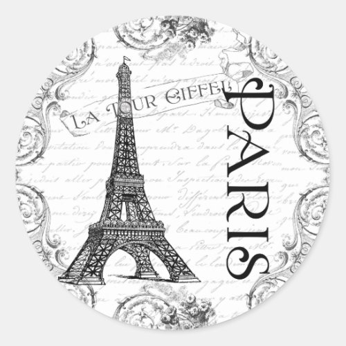 Paris Eiffel Tower and Scrolls Classic Round Sticker
