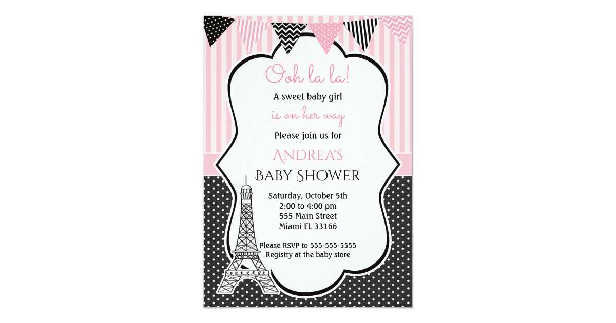 Paris Eiffel Tower Baby Girl Shower Invitation Zazzle Com