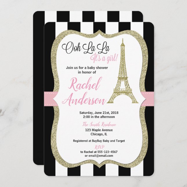 Paris Eiffel tower baby shower invitation girl (Front/Back)