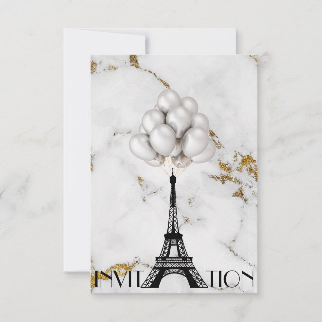 Paris Eiffel Tower Balloons Marble Gold Invitation (Front)