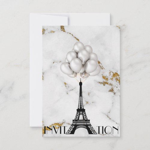 Paris Eiffel Tower Balloons Marble Gold Invitation