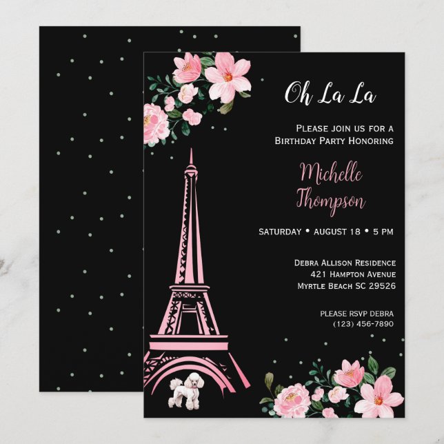 Paris Eiffel Tower Black and Pink Floral Birthday  Invitation (Front/Back)