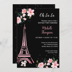 Paris Eiffel Tower Black and Pink Floral Birthday Invitation