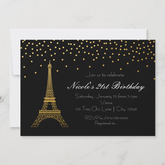 Paris Eiffel Tower Black & Gold Party Invitations (Front)