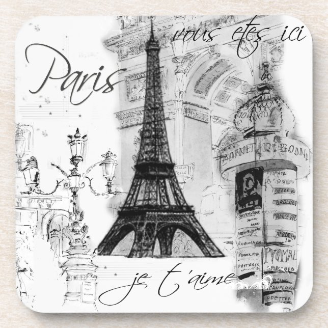 Paris Eiffel Tower Black & White Collage Beverage Coaster (Front)