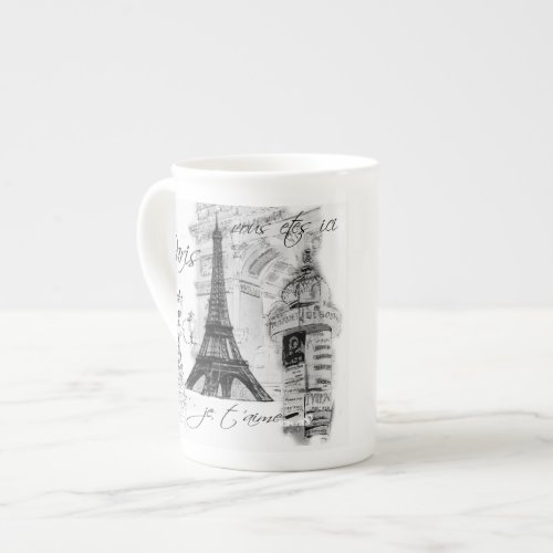 Paris Eiffel Tower Black  White Collage French Bone China Mug