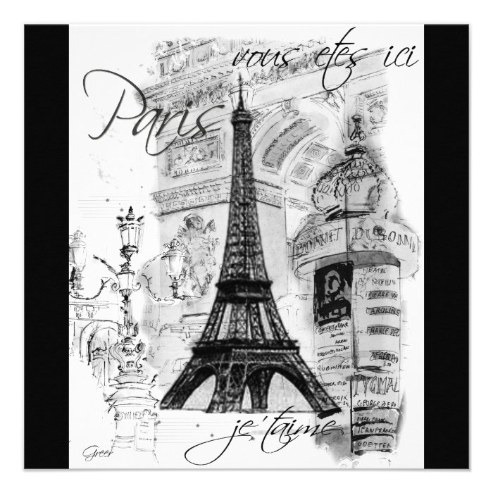 Paris Eiffel Tower Black & White Collage Custom Announcements