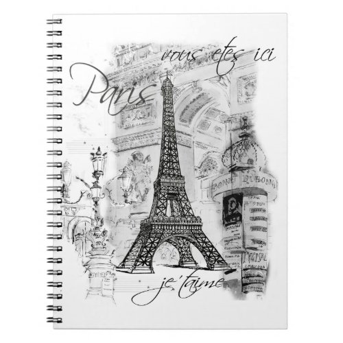 Paris Eiffel Tower Black  White Collage Notebook