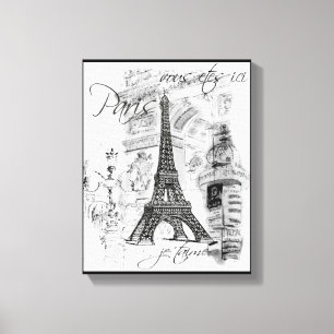Paris Eiffel Tower Black & White Collage Scene Canvas Print