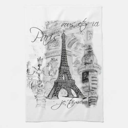 Paris Eiffel Tower Black  White Collage Scene Towel