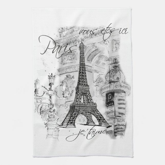 Paris Eiffel Tower Black & White Collage Scene Towel (Vertical)