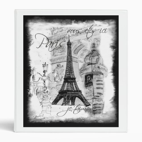 Paris Eiffel Tower Black  White Collage Street 3 Ring Binder