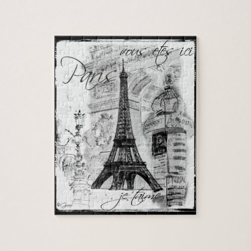 Paris Eiffel Tower Black  White Collage Street Sc Jigsaw Puzzle