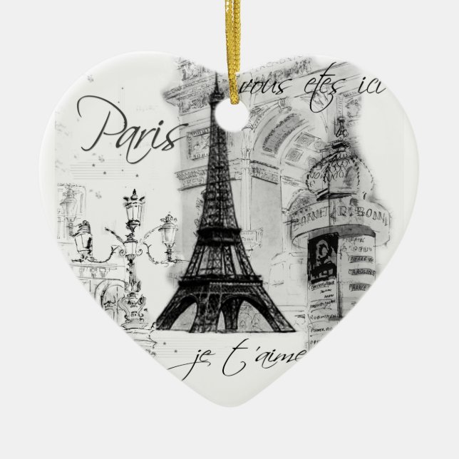 Paris Eiffel Tower Black & White Scene Ceramic Ornament (Front)