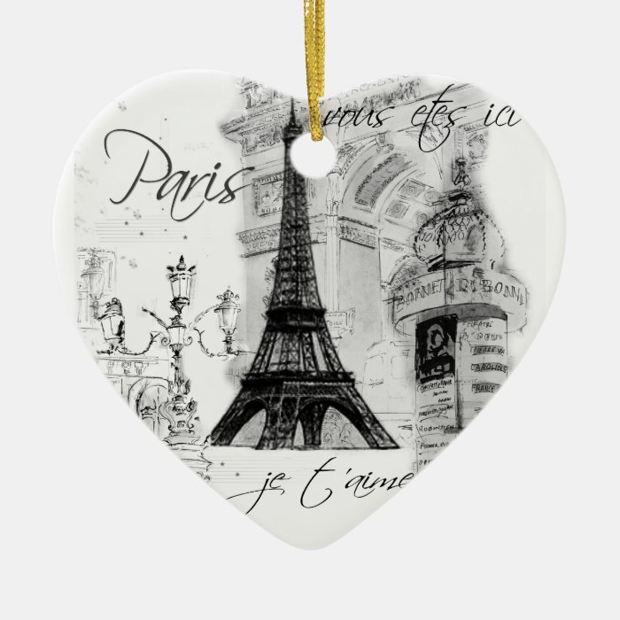 Paris Eiffel Tower Black & White Scene Christmas Ornaments