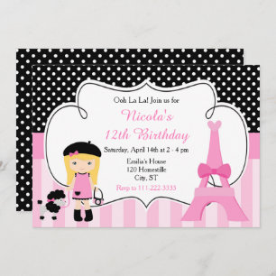 Paris Eiffel Tower Blonde Girl Birthday Party Invitation