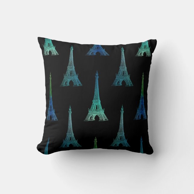Paris Eiffel Tower Blue Black Throw Pillow (Front)