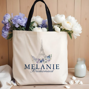Paris Eiffel Tower Blue Floral Bridesmaid Wedding Tote Bag