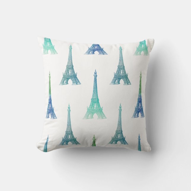 Paris Eiffel Tower Blue Green Throw Pillow (Front)