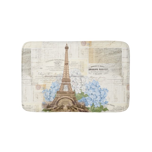 Paris Eiffel Tower Blue Hydrangeas Bath Rug (Front)