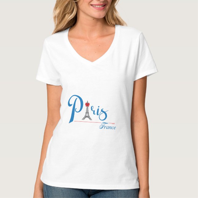 Paris Eiffel Tower, Blue,Red Bow, French, Modern T-Shirt (Front)