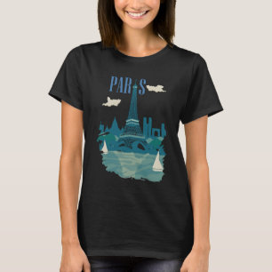 Paris Eiffel Tower Blue Retro Travel T-Shirt
