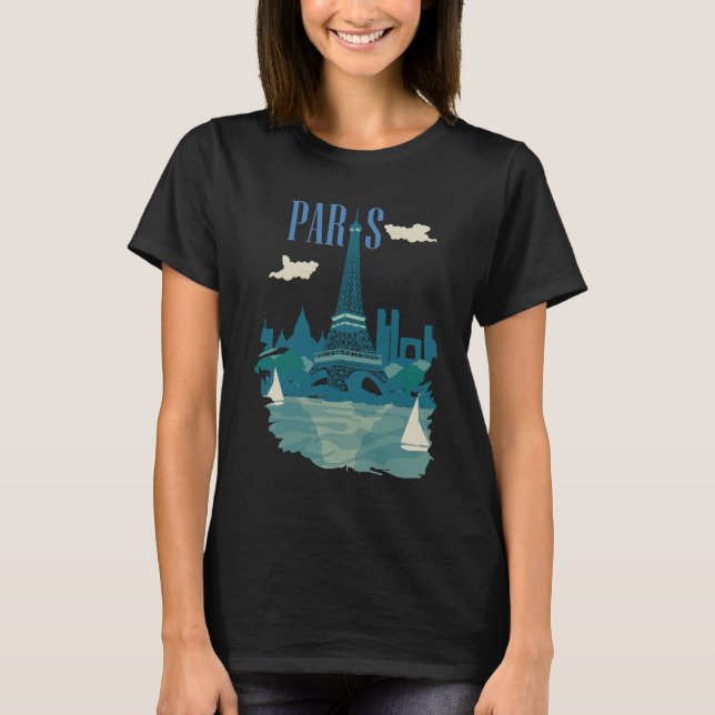 Paris Eiffel Tower Blue Retro Travel T-Shirt (Front)