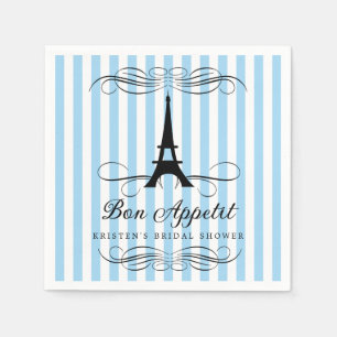 Paris Eiffel Tower Blue Stripes Bridal Shower Paper Napkins
