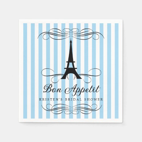 Paris Eiffel Tower Blue Stripes Bridal Shower Paper Napkins