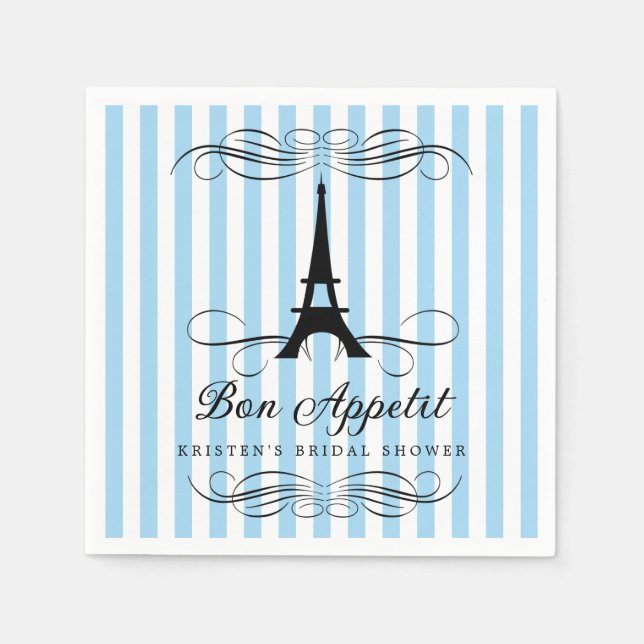 Paris Eiffel Tower Blue Stripes Bridal Shower Paper Napkins (Front)