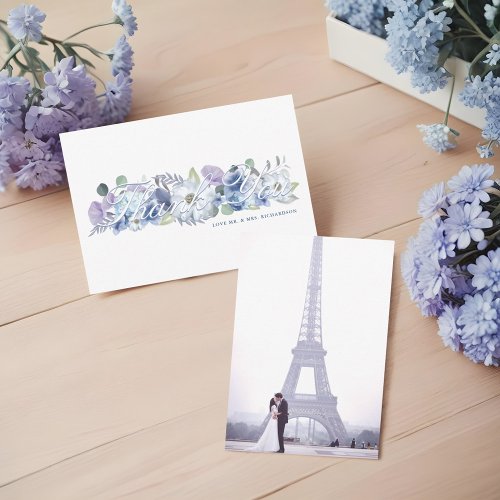 Paris Eiffel Tower Blue Watercolor Florals Wedding Thank You Card