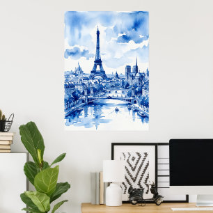Paris Eiffel Tower Blue Watercolor Poster